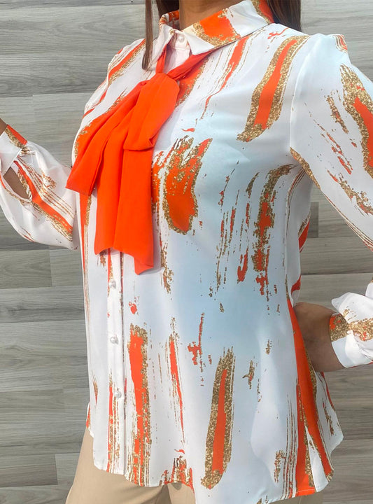 White And Orange Women Long Sleeve Shirt With Scarf