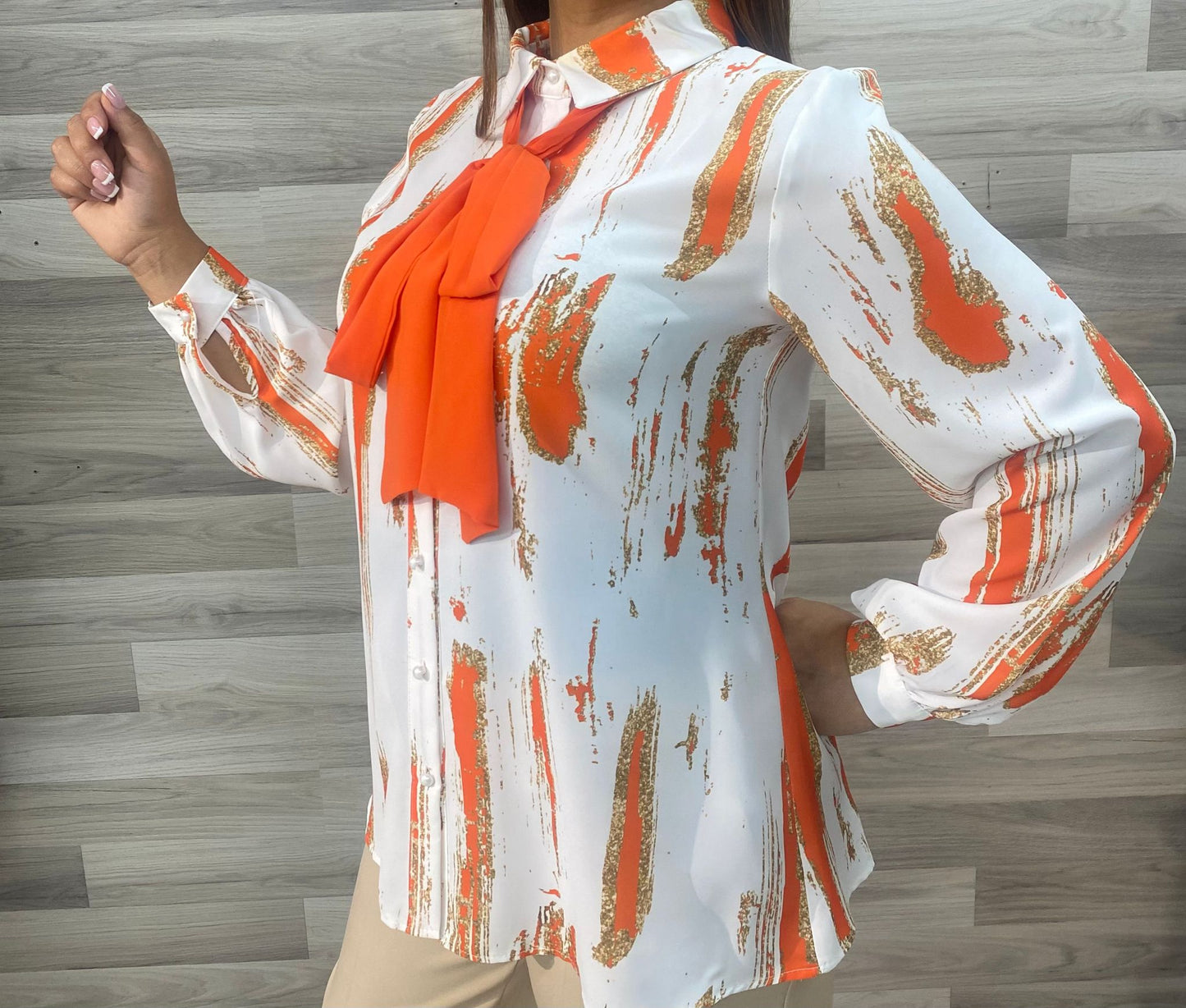 White And Orange Women Long Sleeve Shirt With Scarf