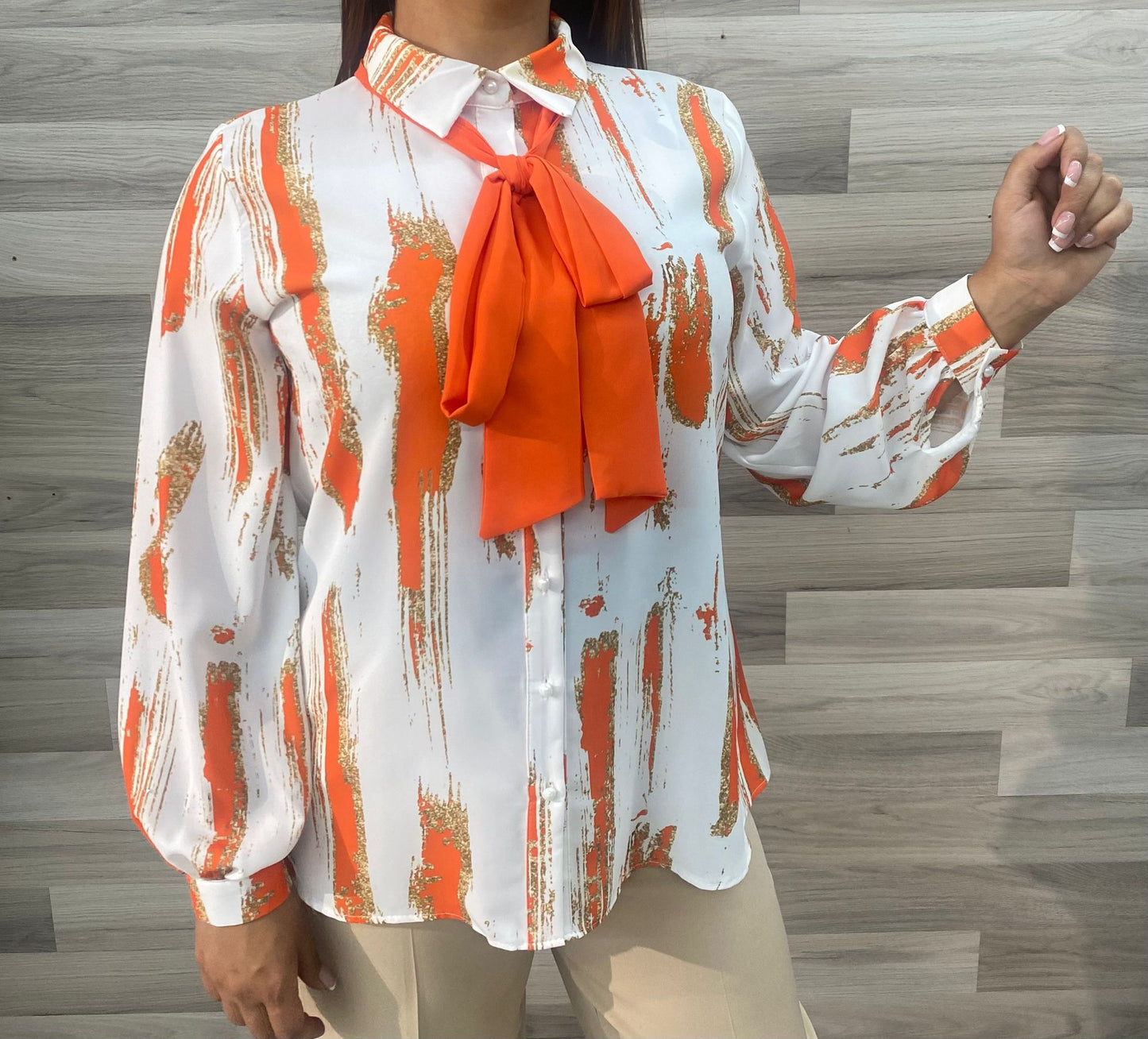 White And Orange Women Long Sleeve Shirt With Scarf