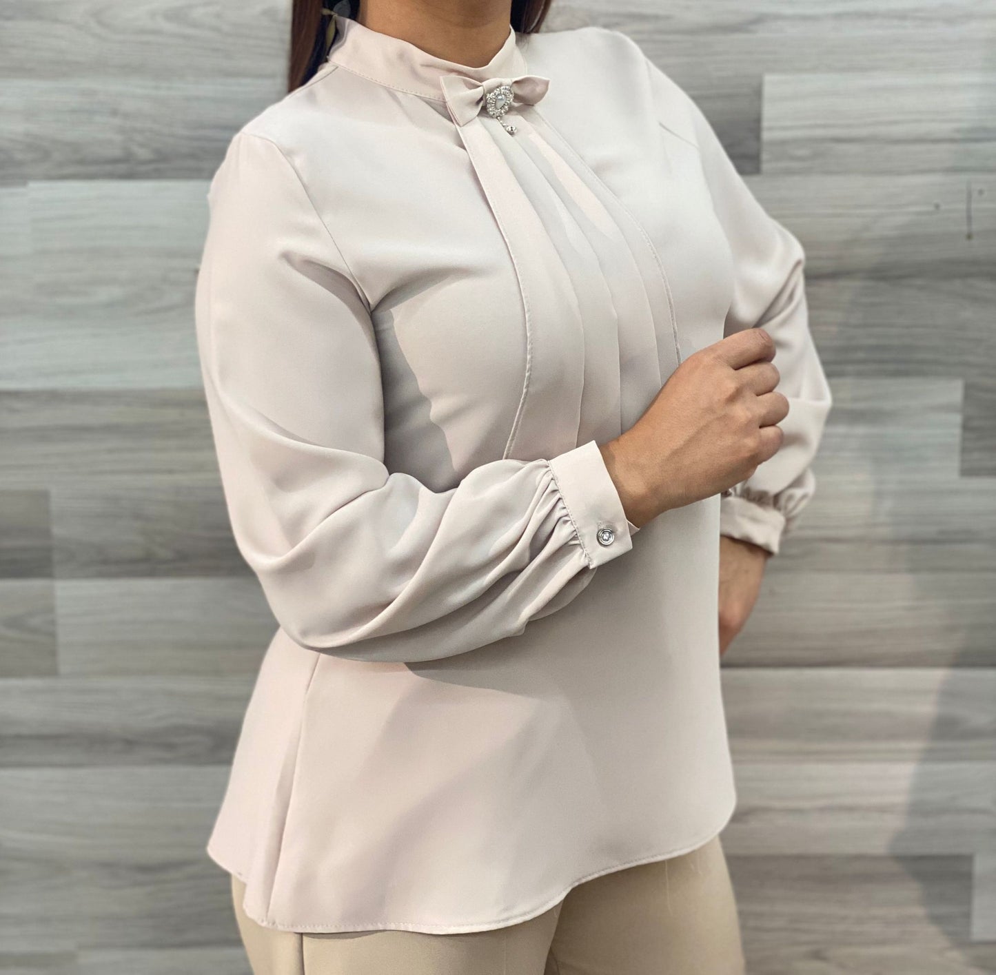 Beige Women Long Sleeve Shirt With Scarf