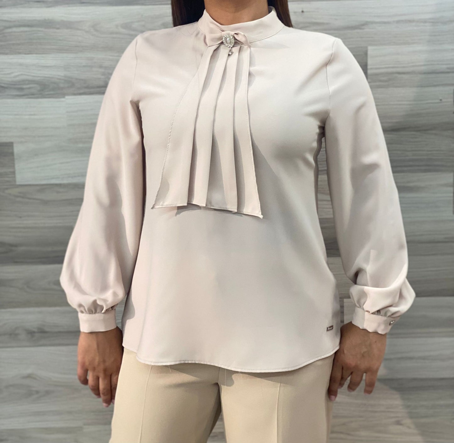 Beige Women Long Sleeve Shirt With Scarf