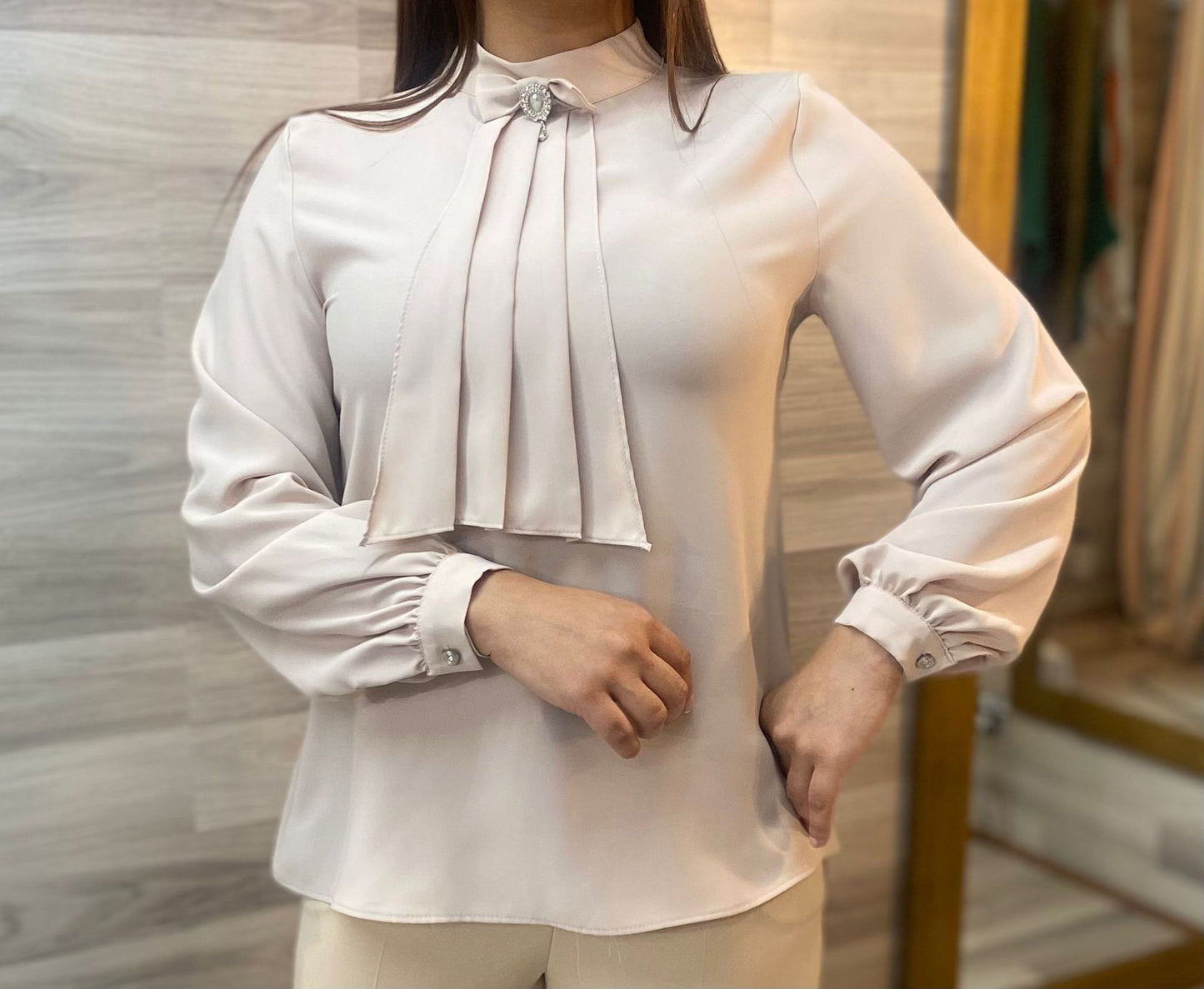 Beige Women Long Sleeve Shirt With Scarf
