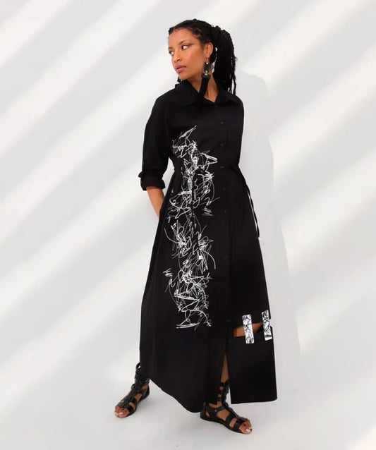 Black Modest Dress with White Draw