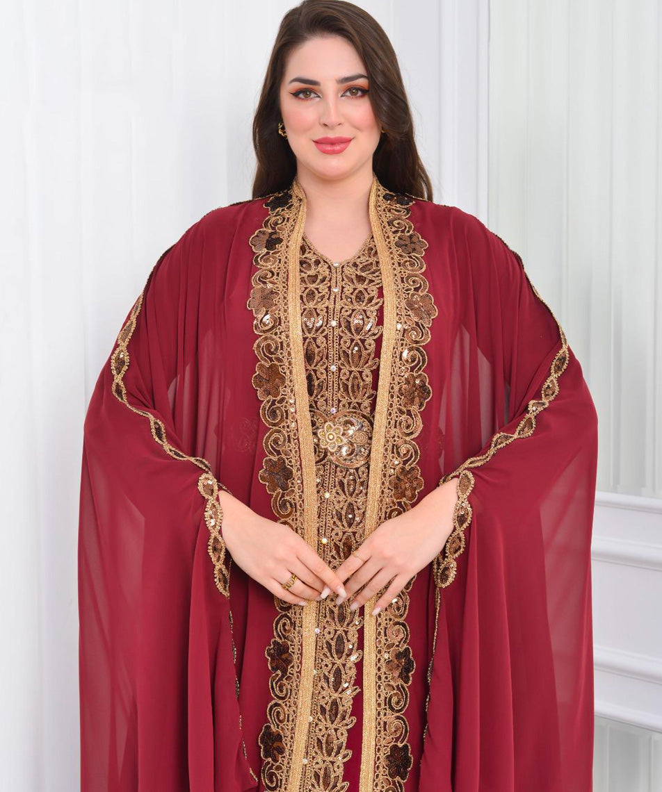 Sultana Dark Red Evening Caftan Dress with Long hands