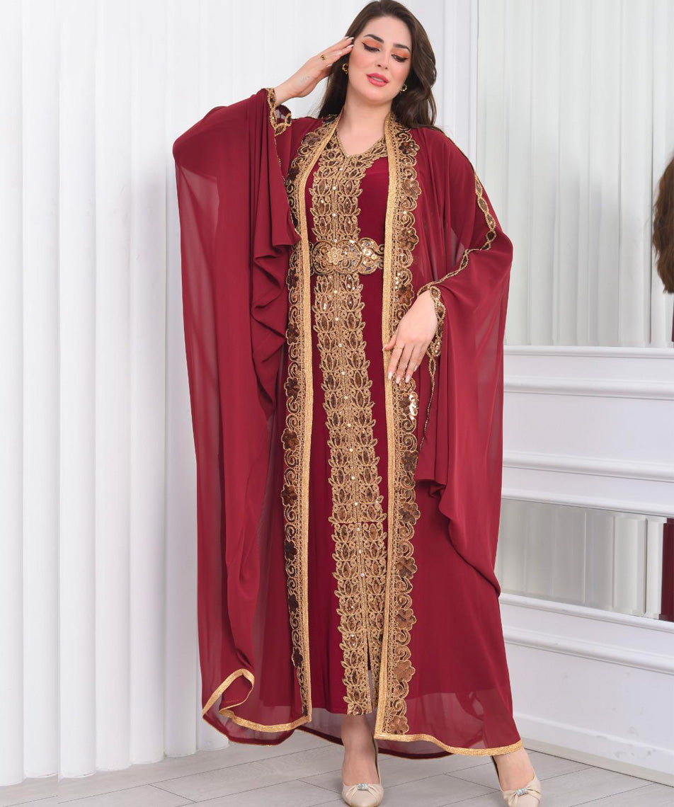 Sultana Dark Red Evening Caftan Dress with Long hands
