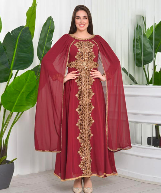 Sultana Dark Red Evening Caftan Dress with Long hands