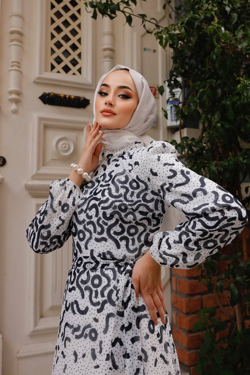 White Modest Dress with black Draw