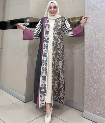 Abaya Beige And Grey with Red hands